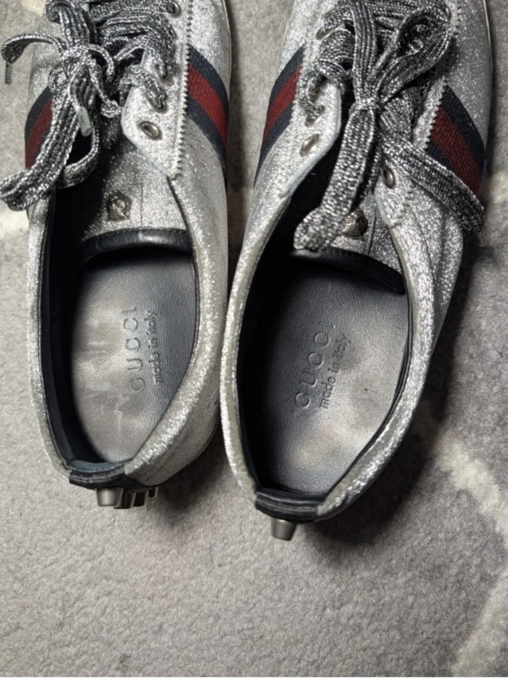 Gucci Silver Glitter Men's Sneakers with Red & Blue Web Stripe